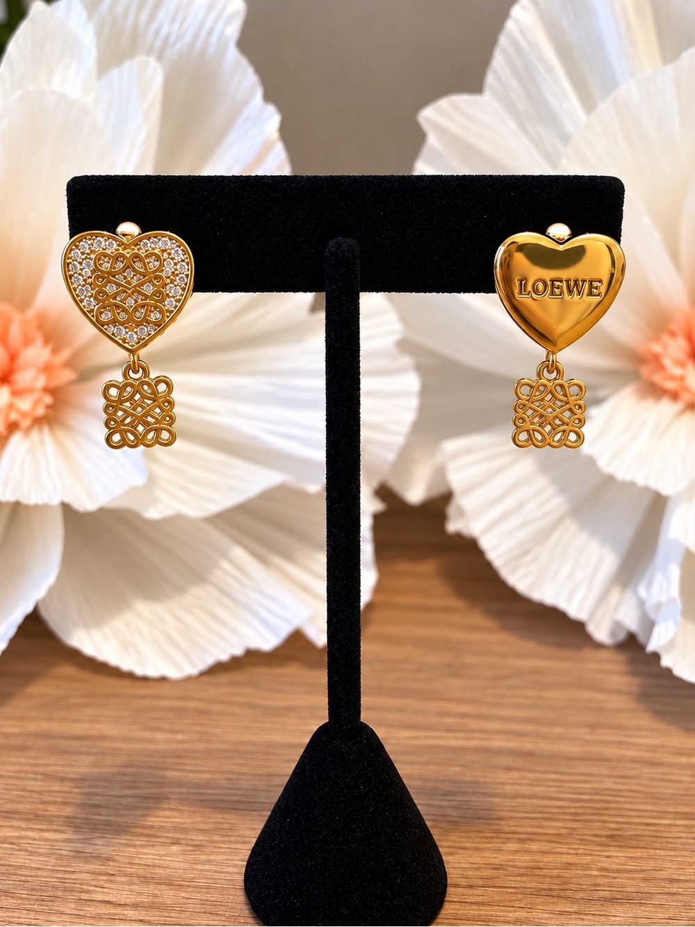 Gold Heart Drop Earrings - Picture 7 of 10